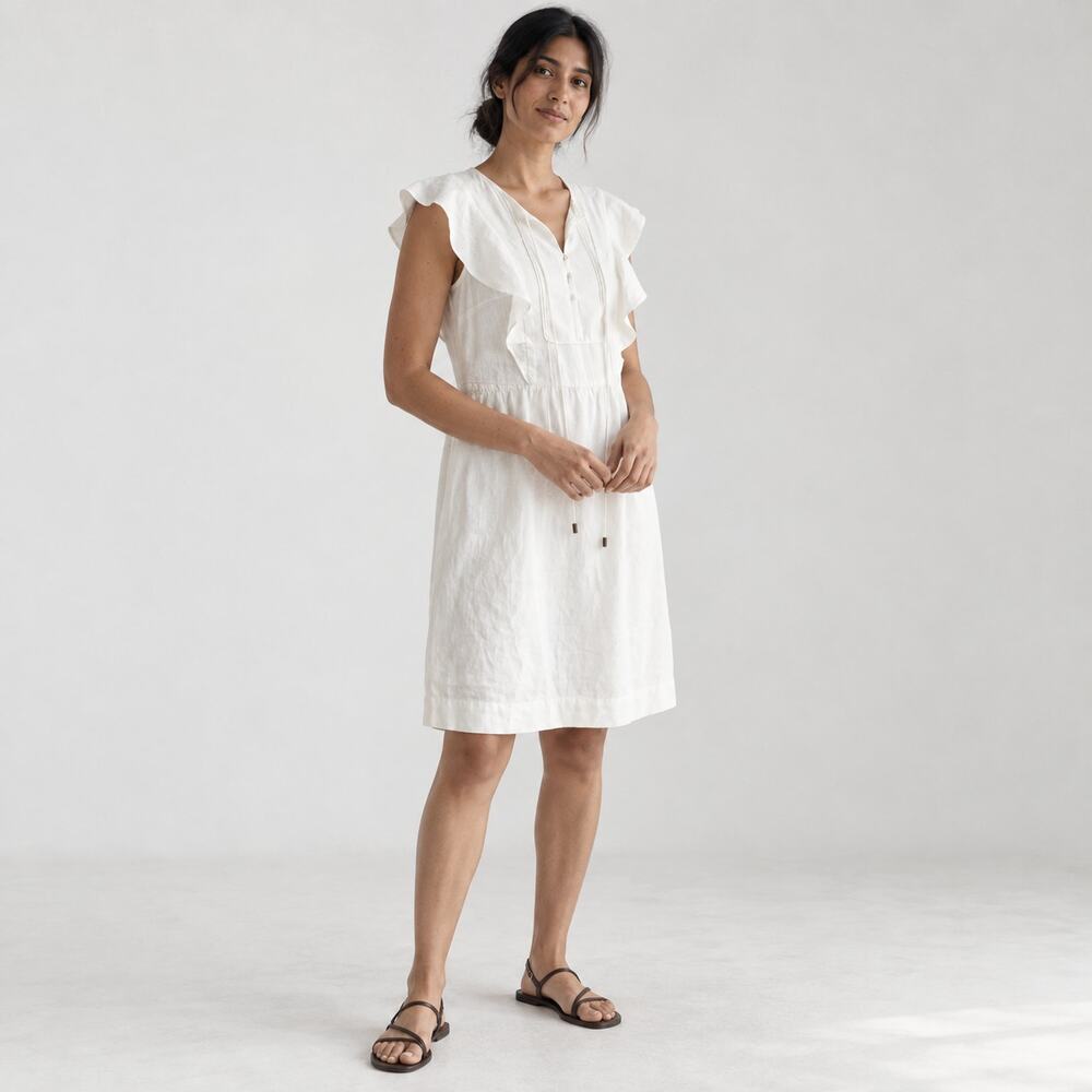 J.Crew White Linen/Cotton Ruffled Sleeve Mini Knee Length Sundress Dress, size 0